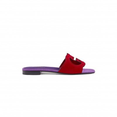 GUCCI INTERLOCKING G CUT SLIDE SANDAL RED PURPLE SUEDE 694451